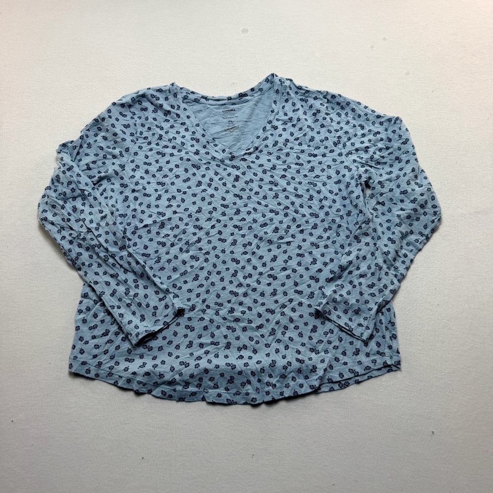 Sonoma The Everyday Tee Womens Petite Large Blue Excellent Floral V-Neck Top